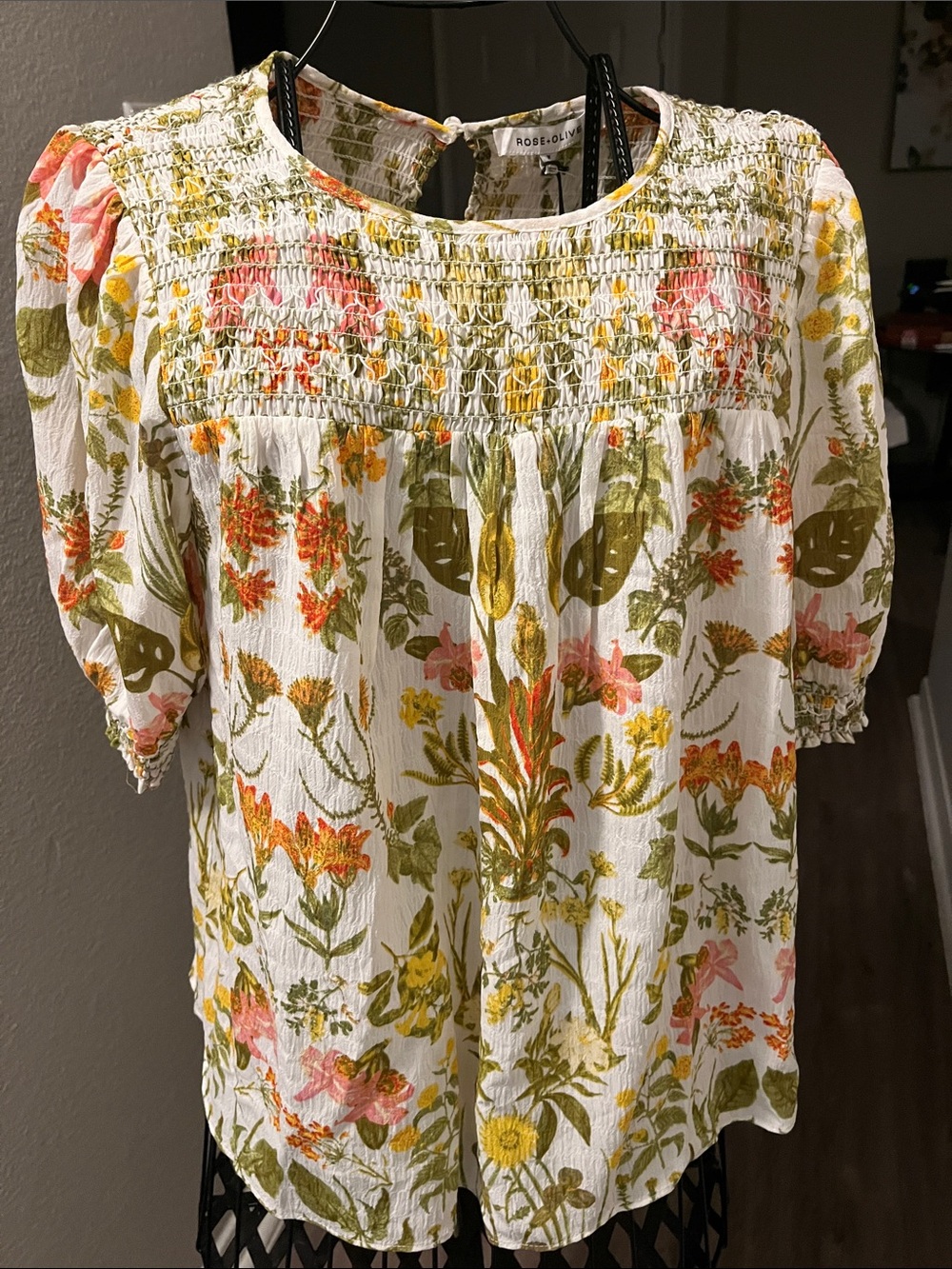 Rose & Olive White Floral Smocked Peasant Blouse